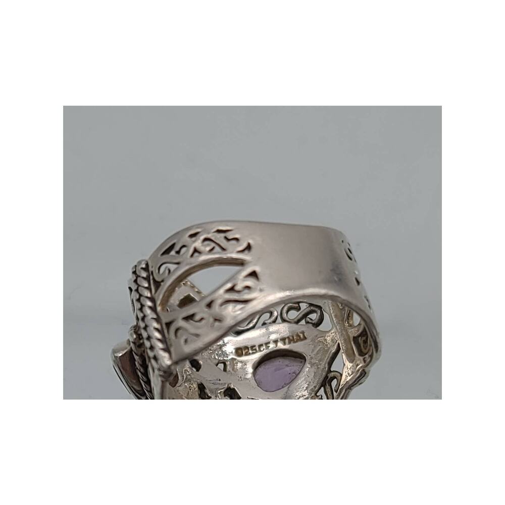 Vintage 925 Sterling Silver Colorful Glass Crystals Stunning Filigree Ring Sz 7 - Picture 2 of 9